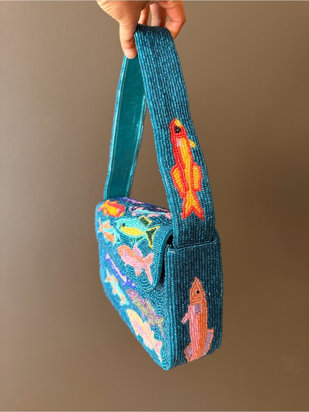 Hand-Beaded Fish Clutch in Teal with Multi-Color Fish Motif - Picture 5 of 8